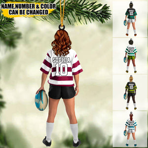 Personalized Rugby Female/Girl/Woman Player Acrylic Christmas Ornament - Gift For Rugby Players