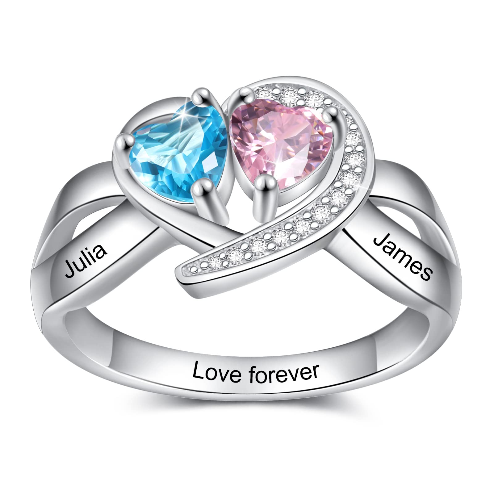 Love Forever - Personalized Rings With 2 Birthstones - Custom Name Promise Rings