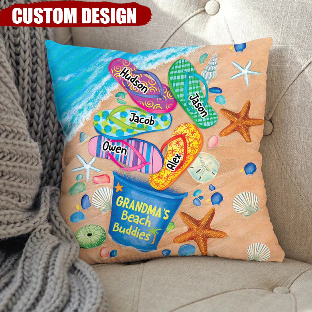 Nana's/Mom's Beach Buddies Summer Flip Flop Personalized Pillow