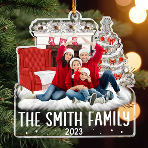 Beside The Fireplace Xmas Family Upload Photo 2023 - Personalized Acrylic Photo Ornament