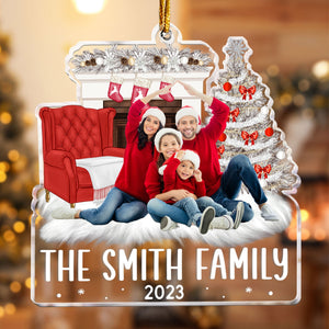 Beside The Fireplace Xmas Family Upload Photo 2023 - Personalized Acrylic Photo Ornament