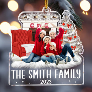 Beside The Fireplace Xmas Family Upload Photo 2023 - Personalized Acrylic Photo Ornament