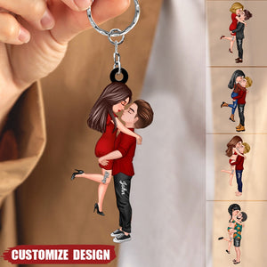 New Release - Personalized Doll Couple Kissing Hugging Keychain - Gift For Couple