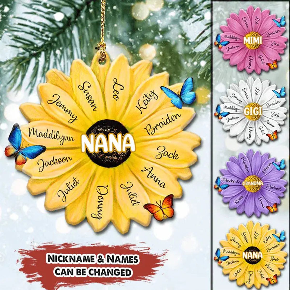 Grandma With Grandkids Flower Personalized Wood Ornament - 2024 New Release