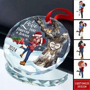 Couple Hugging Kissing Carved Heart Tree Personalized Glass Ornament - 2024 New Release