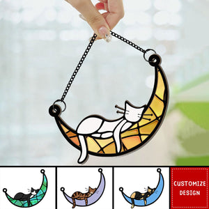 Sleeping Cat / Dog On Moon - Personalized Window Hanging Suncatcher Ornament