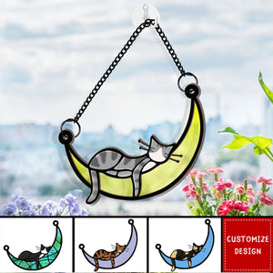 Sleeping Cat / Dog On Moon - Personalized Window Hanging Suncatcher Ornament