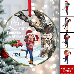 Couple Hugging Kissing Carved Heart Tree Personalized Glass Ornament - 2024 New Release