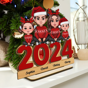 Family Sitting On 2024 Personalized 2-Layer Standing Wooden Plaque - Christmas Tier Tray Decoration