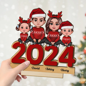 Family Sitting On 2024 Personalized 2-Layer Standing Wooden Plaque - Christmas Tier Tray Decoration