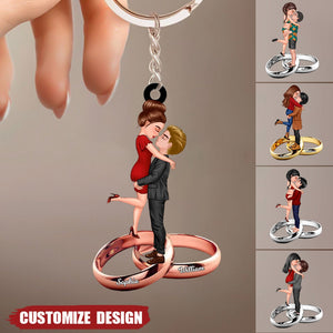 Personalized Doll Couple Kissing Hugging On The Ring Keychain - Gift For Couple