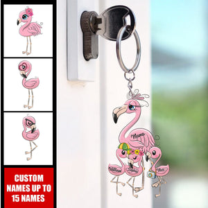 Grandma/Mom Flamingo With Little Kids- Personalized Acrylic Keychain - Gift For Mom, Grandma