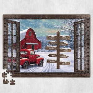 Red Truck Farmhouse Christmas Family Custom Photo - Personalized Photo Jigsaw Puzzle