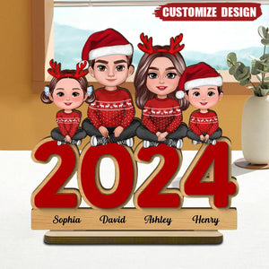 Family Sitting On 2024 Personalized 2-Layer Standing Wooden Plaque - Christmas Tier Tray Decoration