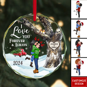 Couple Hugging Kissing Carved Heart Tree Personalized Glass Ornament - 2024 New Release