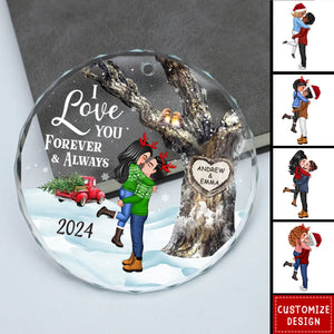 Couple Hugging Kissing Carved Heart Tree Personalized Glass Ornament - 2024 New Release