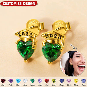 Personalized Graduation Cap Heart Birthstone Stud Earrings