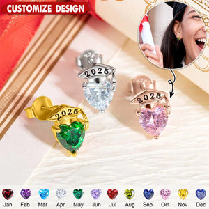 Personalized Graduation Cap Heart Birthstone Stud Earrings