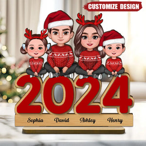 Family Sitting On 2024 Personalized 2-Layer Standing Wooden Plaque - Christmas Tier Tray Decoration