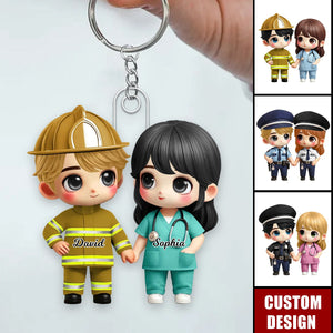 Cute Cartoon Couple by Occupation Personalized Keychain, Anniversary Gift For Couple