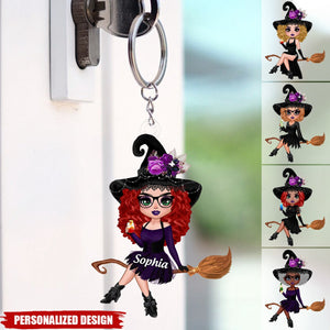 Witch Riding Broom Mystical Girl-Personalized Acrylic Keychain-Best Personalized Halloween Gift