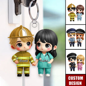 Cute Cartoon Couple by Occupation Personalized Keychain, Anniversary Gift For Couple