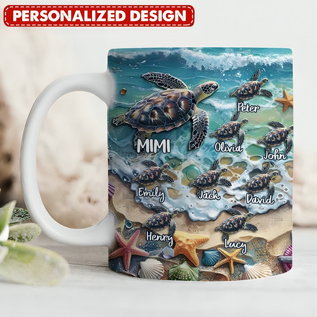 Sea Turtle Grandma Auntie Mom Kids On Beach-Personalized Mug-Gift For Mom And Grandma