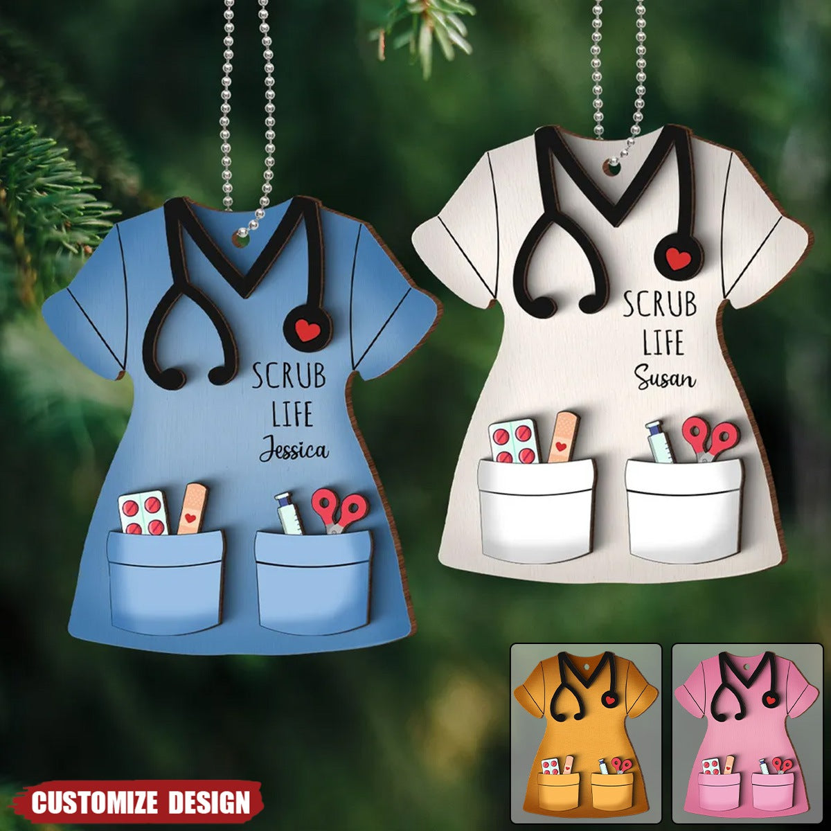 Nurse Scrub Life Personalized 2-Layer Wooden Ornament, Medical Christmas Ornament Gift For Nurses