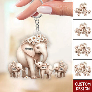 Mama Elephant With Little Kids Personalized Acrylic Keychain - Mother's Day Gift