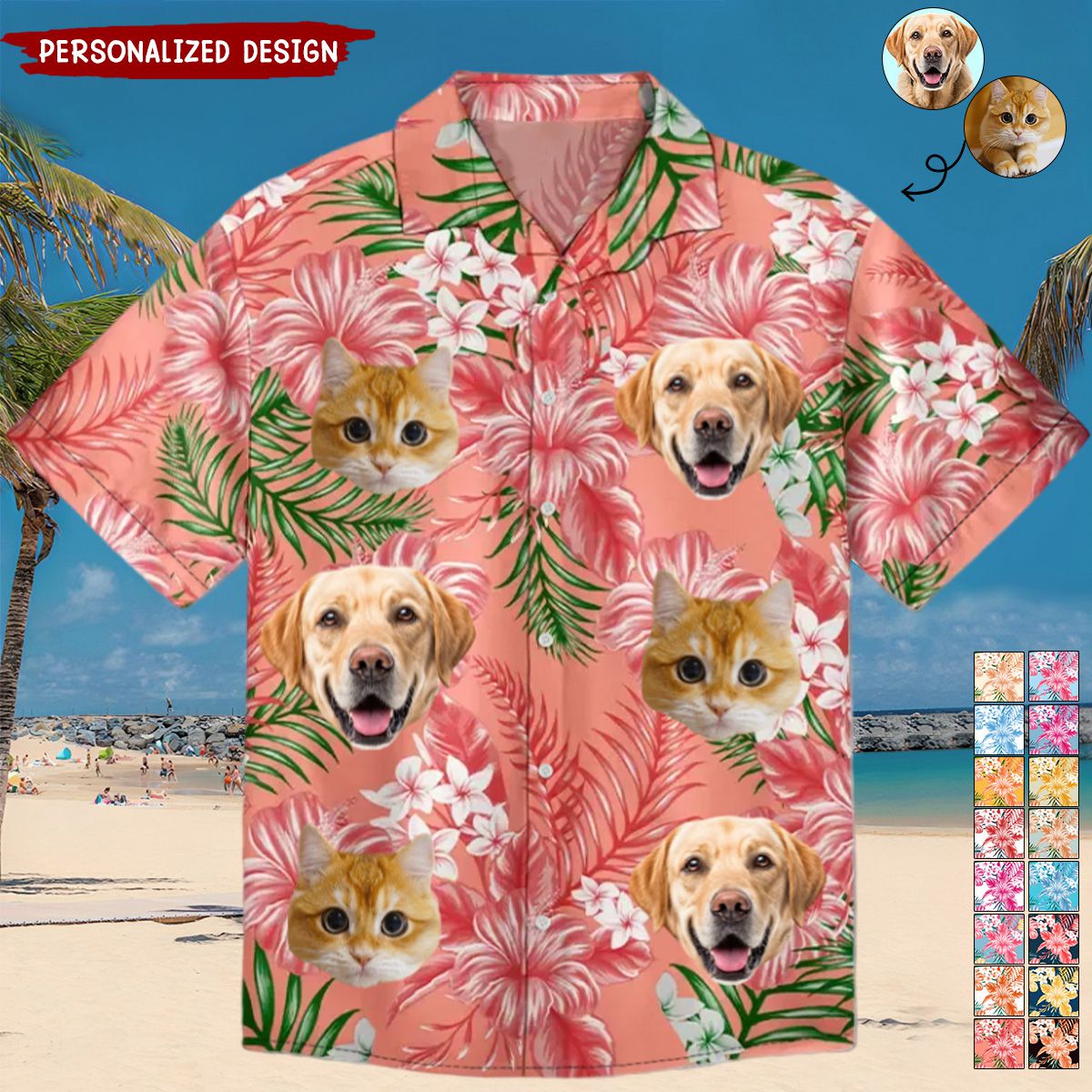 Photo Family Pet Face Tropical Background - Personalized Hawaiian Shirt-Gift For Family And Friends