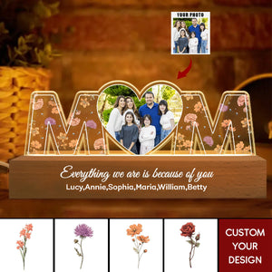 Mom Everything I Am Is Because Of You Birth Month Flower Photo Upload Personalized Led Night Light, Mother's Day Gift