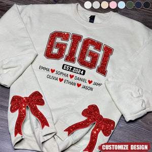 Personalized Gigi Est Glitter And Kids Christmas Bow Embellished Sweatshirt - Custom Side Bow Cut-Out Sweatshirt