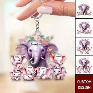 Mama/Nana Purple Elephant With Little Kids - Personalized Acrylic Keychain - Gift For Mom, Grandma