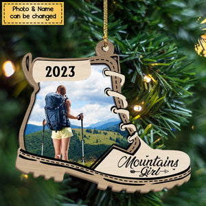 Mountains Are Calling - Personalized Christmas Photo Upload Gifts Custom Wooden Ornament for Hiking Lovers