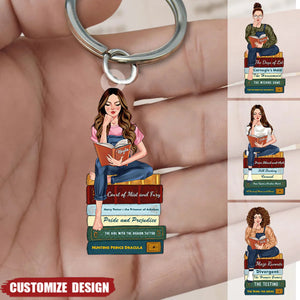 Girl Reading Book - Custom Book Titles, Personalized Acrylic Keychain