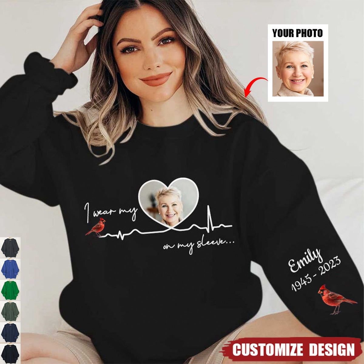 I Wear My Heart Angel On My Sleeve - Memorial Personalized Upload Photo Sweatshirt