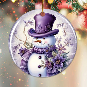 Welcome Winter Purple Christmas Snowman Ornament