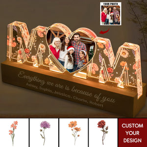 Mom Everything I Am Is Because Of You Birth Month Flower Photo Upload Personalized Led Night Light, Mother's Day Gift
