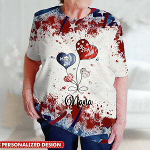 4th of July Sweet Heart Grandma Auntie Mom Kids American Flag Pattern Personalized T-shirt