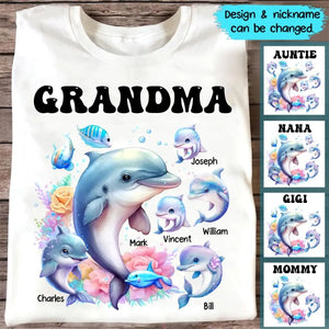 Personalized Grandma Dolphin with Kid Names Printed T-shirt