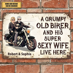 Grumpy Biker And His Wife - Gift For A Biker - Personalized Custom Metal Sign