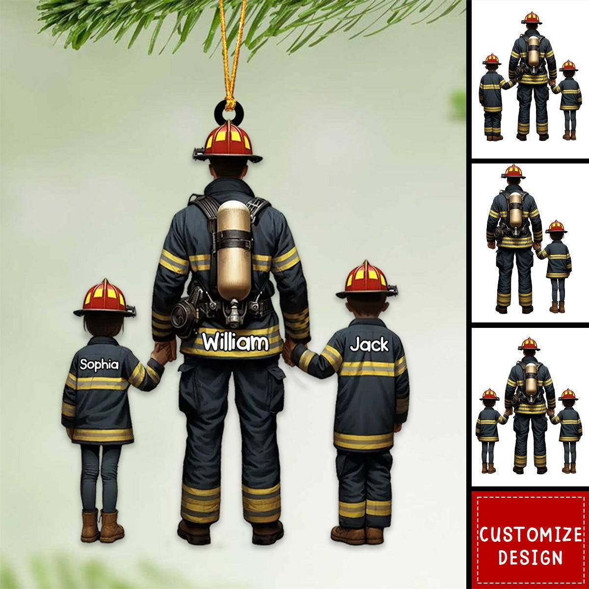 Firefighter Dad And Kids - Personalized Acrylic Ornament - Gift For Firefighter - 2024 New Release