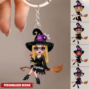 Witch Riding Broom Mystical Girl-Personalized Acrylic Keychain-Best Personalized Halloween Gift