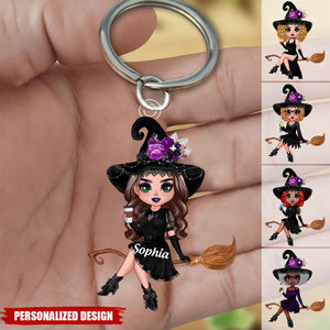 Witch Riding Broom Mystical Girl-Personalized Acrylic Keychain-Best Personalized Halloween Gift