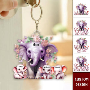 Mama/Nana Purple Elephant With Little Kids - Personalized Acrylic Keychain - Gift For Mom, Grandma