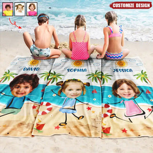 Custom Photo Playful Kids On The Beach - Personalized Beach Towel