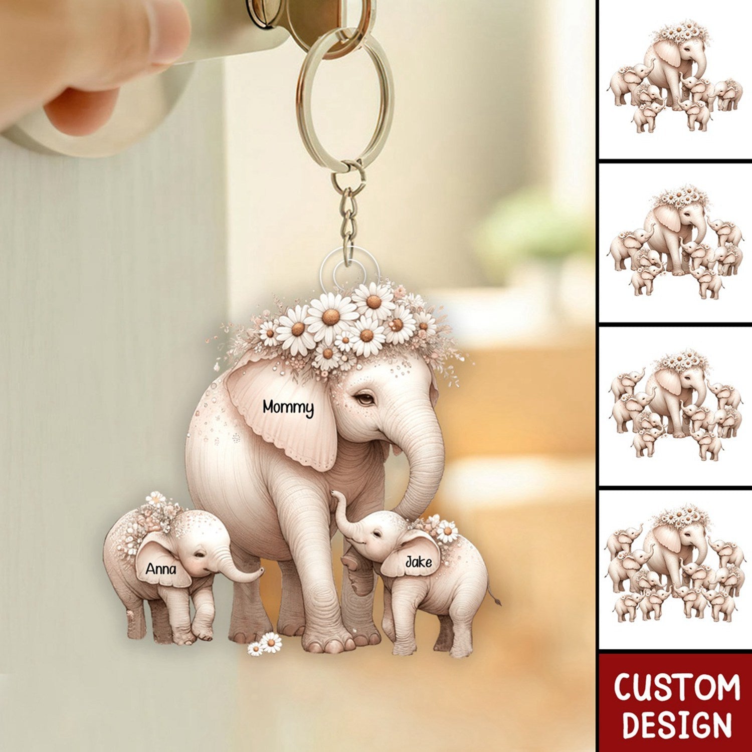 Mama Elephant With Little Kids Personalized Acrylic Keychain - Mother's Day Gift