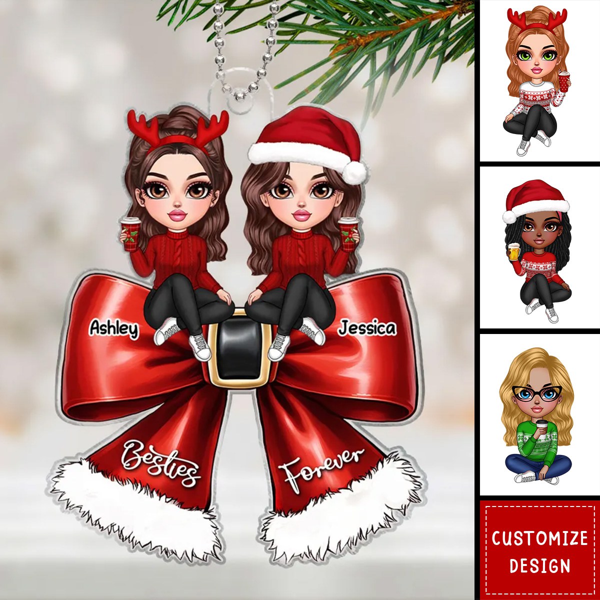 Christmas Red Coquette Bow Best Friends Personalized Acrylic Ornament  - 2024 New Release