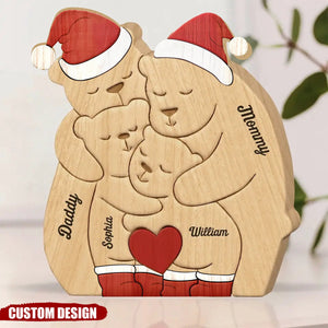 Christmas Family Bear Personalized Wooden Art Puzzle, Wooden Carvings, Gift For Family Members