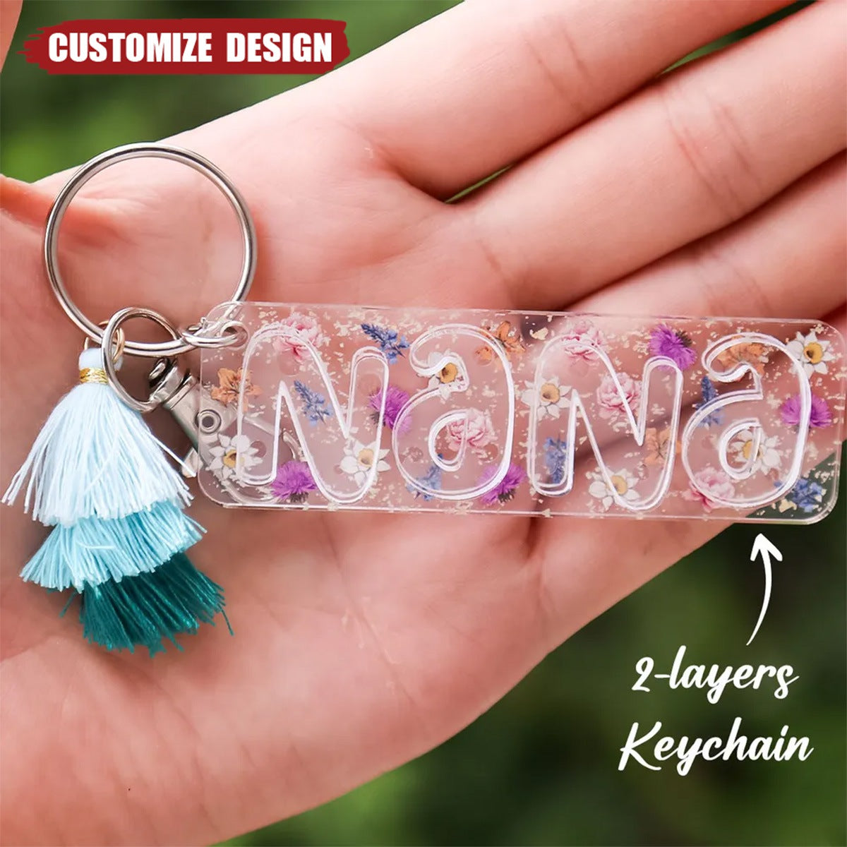 Grandma Mom Birth Month Flowers Personalized 2-Layer Acrylic Keychain